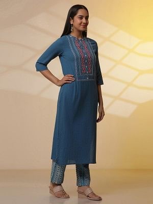 Blue Embroidered Textured Cotton Kurta, Printed Palazzo and Dupatta Set