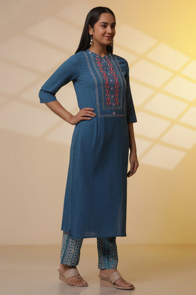 Blue Embroidered Textured Cotton Kurta, Printed Palazzo and Dupatta Set