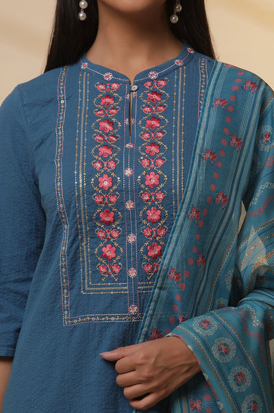 Blue Embroidered Textured Cotton Kurta, Printed Palazzo and Dupatta Set