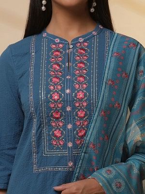 Blue Embroidered Seer Sucker Kurta, Printed Palazzo and Dupatta Set