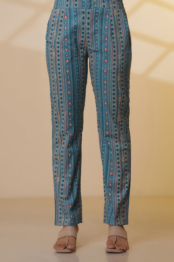Blue Embroidered Textured Cotton Kurta, Printed Palazzo and Dupatta Set