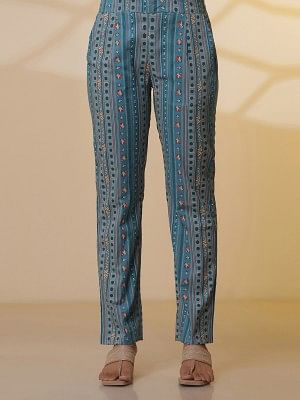 Blue Embroidered Textured Cotton Kurta, Printed Palazzo and Dupatta Set