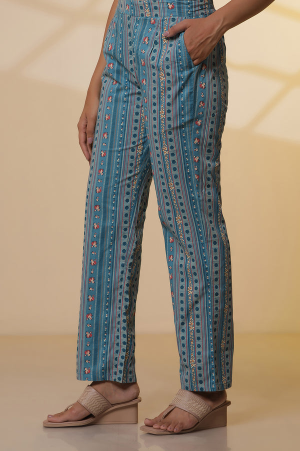 Blue Embroidered Textured Cotton Kurta, Printed Palazzo and Dupatta Set