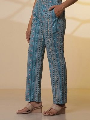 Blue Embroidered Textured Cotton Kurta, Printed Palazzo and Dupatta Set