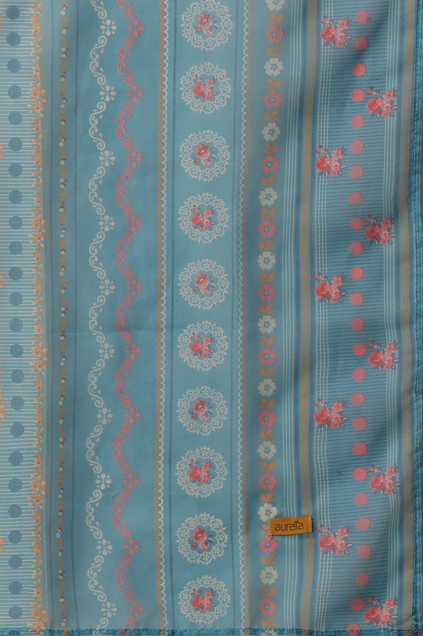 Blue Embroidered Textured Cotton Kurta, Printed Palazzo and Dupatta Set