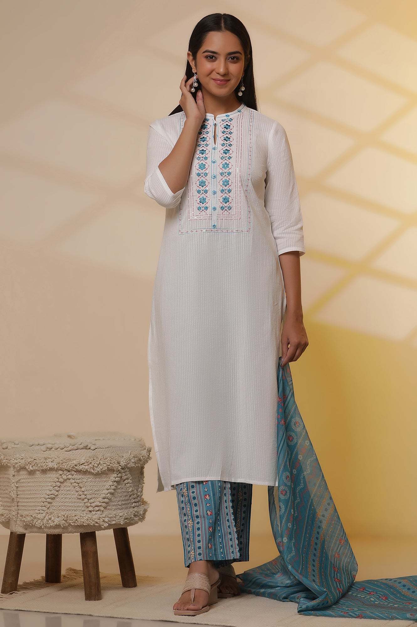 White-Embroidered-Cotton-Blend-Straight-Kurta,-Narrow-Palazzos-and-Dupatta-Set