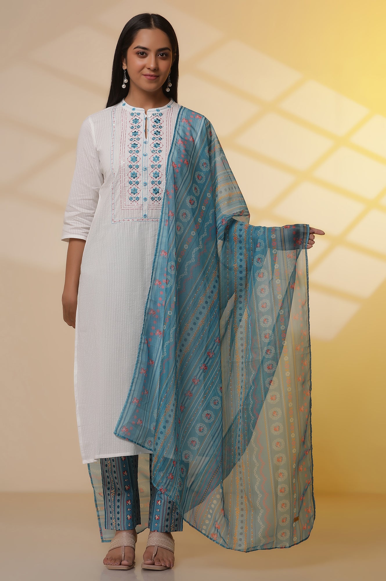 White-Embroidered-Cotton-Blend-Straight-Kurta,-Narrow-Palazzos-and-Dupatta-Set