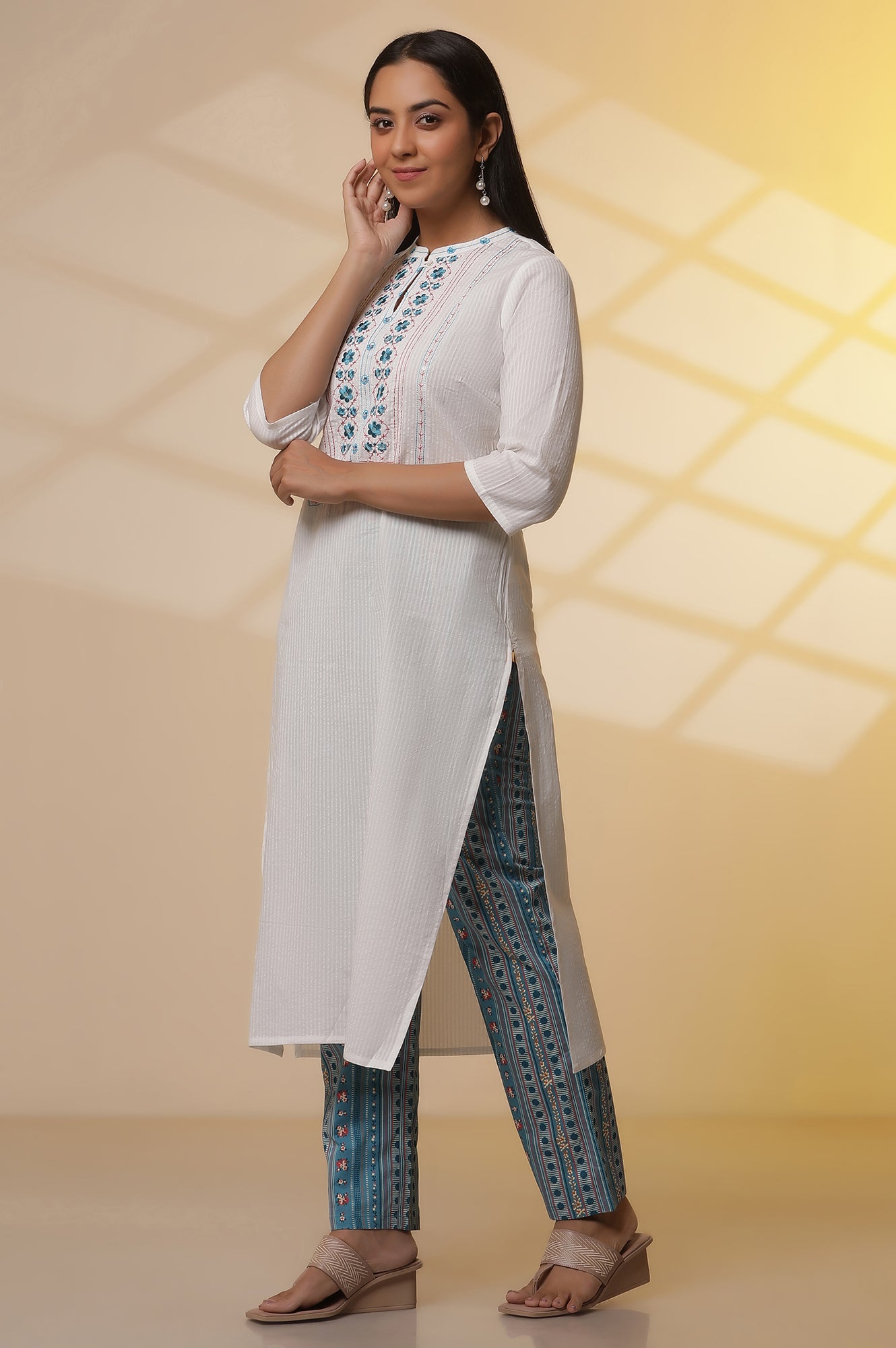 White-Embroidered-Cotton-Blend-Straight-Kurta,-Narrow-Palazzos-and-Dupatta-Set