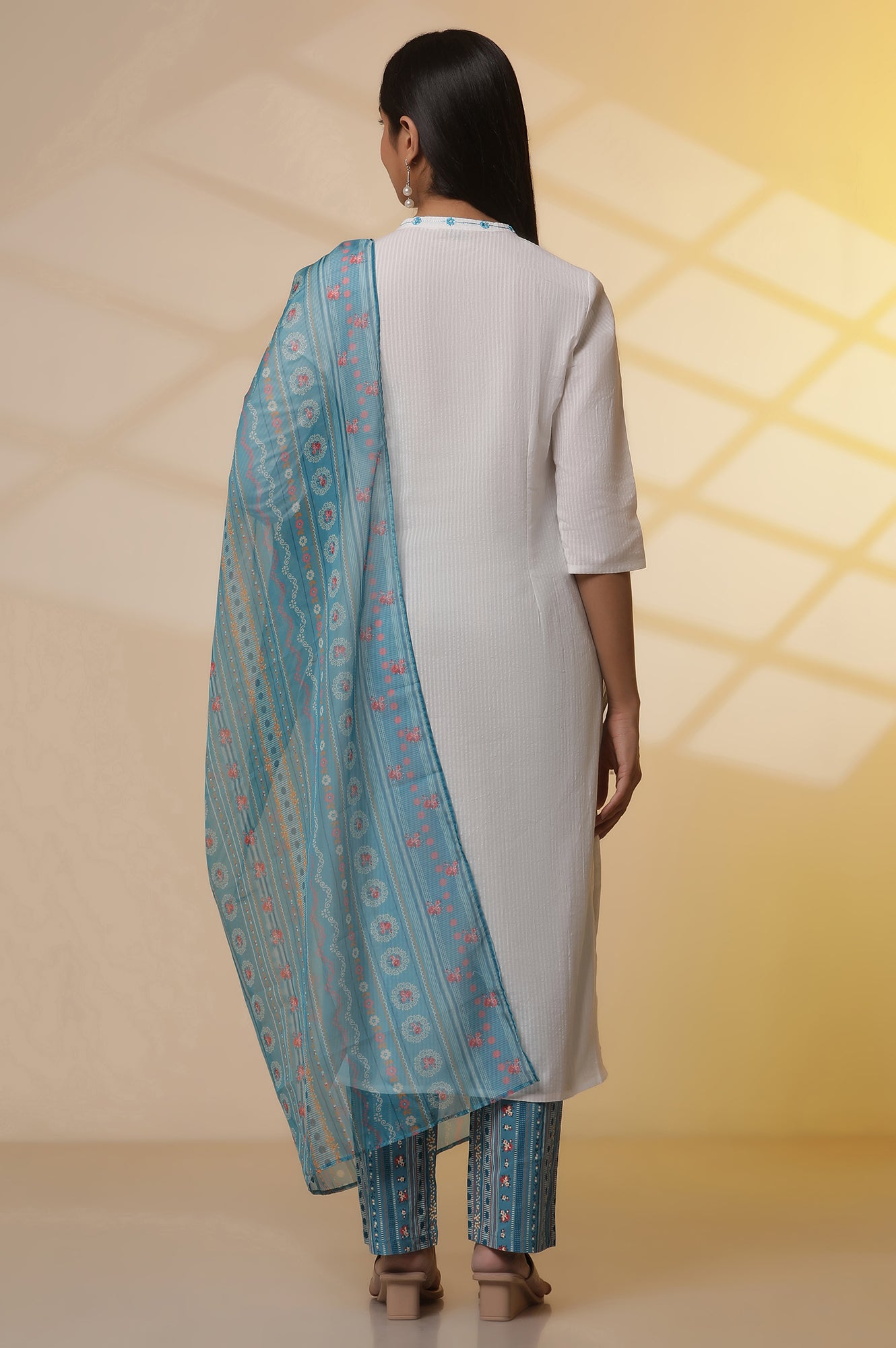 White-Embroidered-Cotton-Blend-Straight-Kurta,-Narrow-Palazzos-and-Dupatta-Set