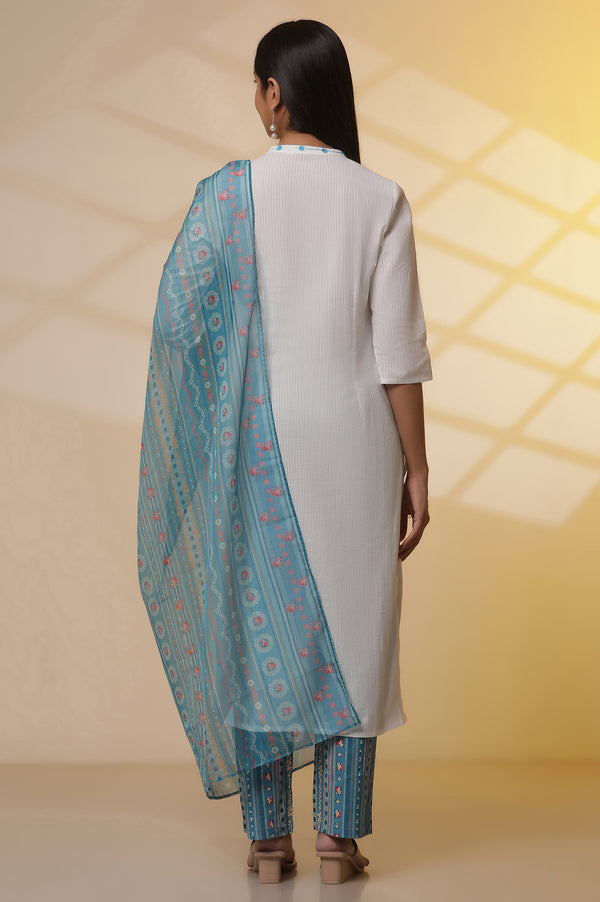 White Embroidered Cotton Blend Straight Kurta, Narrow Palazzos and Dupatta Set