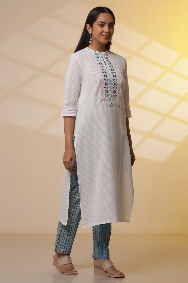 White Embroidered Cotton Blend Straight Kurta, Narrow Palazzos and Dupatta Set