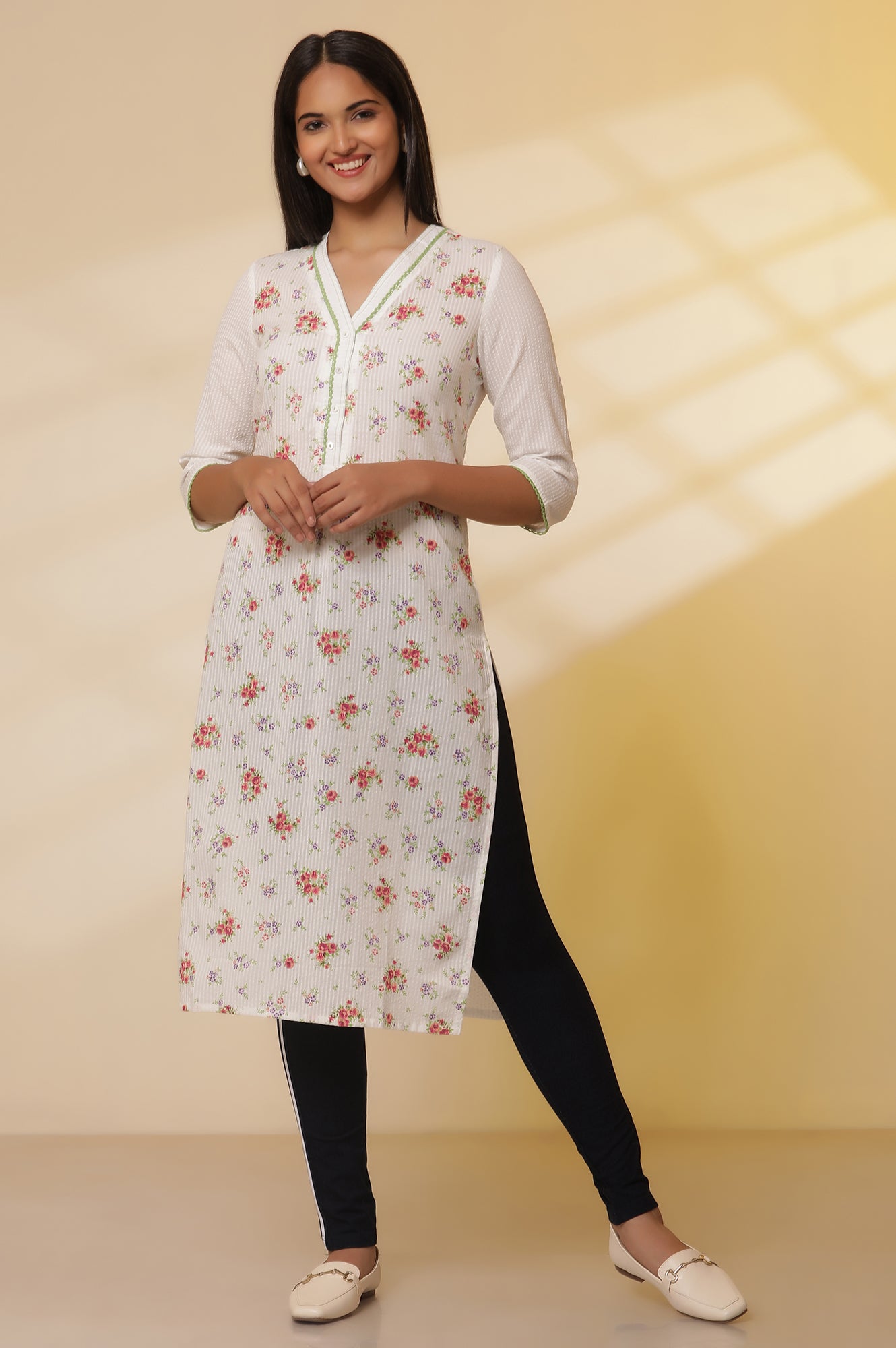 Buy White Seer Sucker Floral Printed Kurta and Denim Jeggings Set Rs. 3 599 Shop for Aurelia