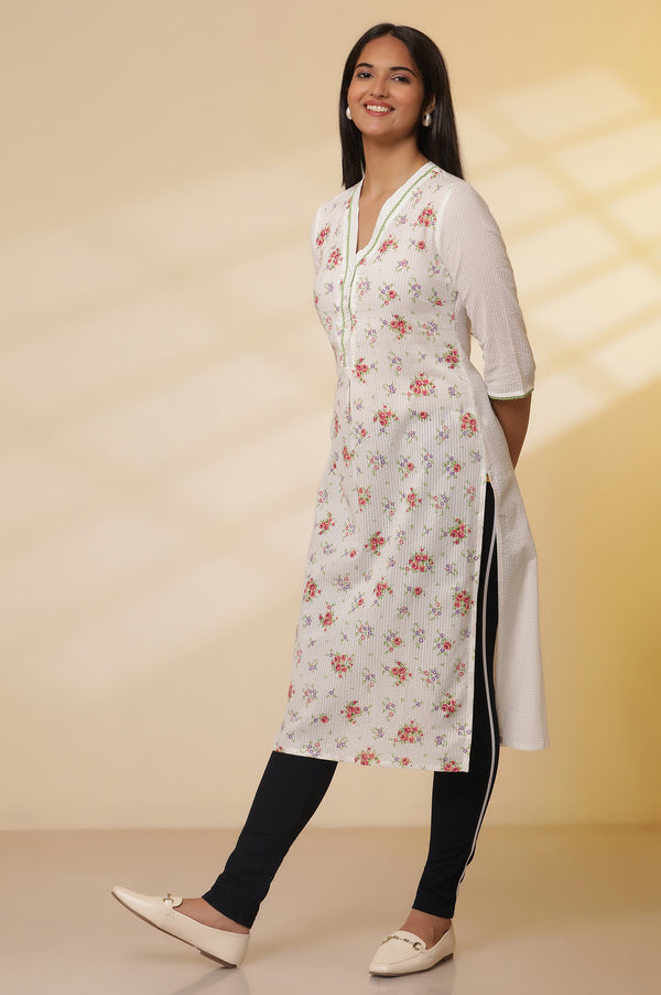 White Textured Cotton Floral Printed Kurta and Denim Jeggings Set