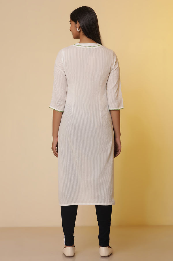 White Textured Cotton Floral Printed Kurta and Denim Jeggings Set