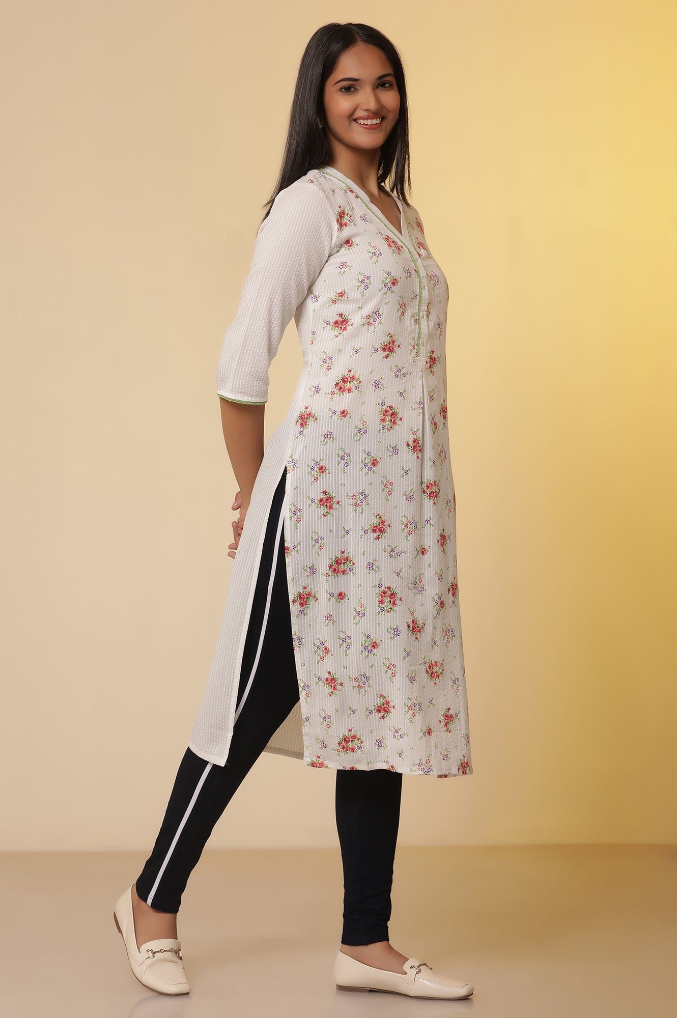 White-Seer-Sucker-Floral-Printed-Kurta-and-Denim-Jeggings-Set