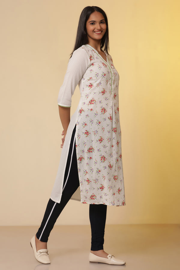 White Textured Cotton Floral Printed Kurta and Denim Jeggings Set