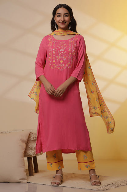 Pink Embroidered Textured Kurta, Printed Pants and Dupatta Set