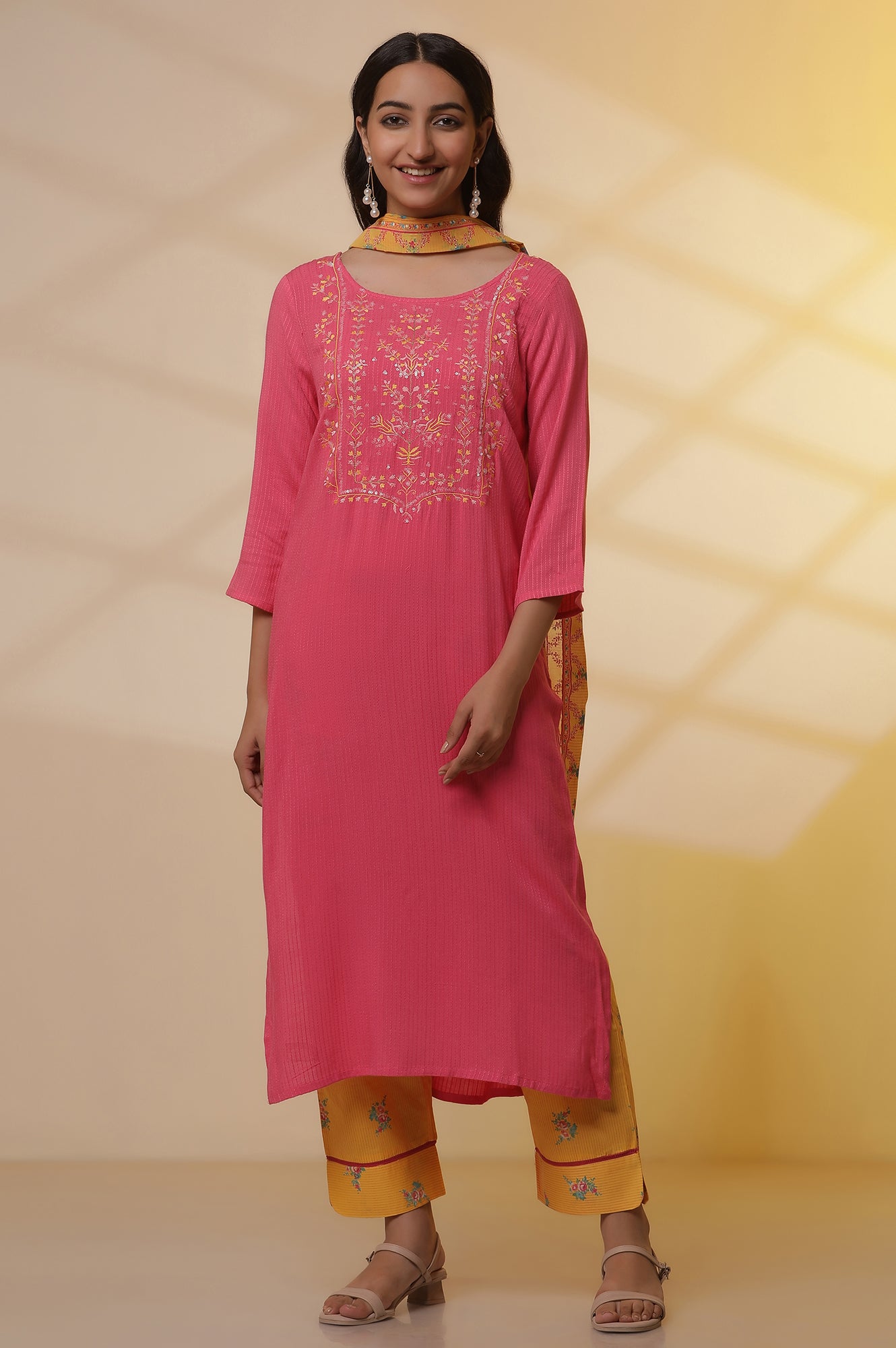 Pink Embroidered Textured Kurta, Printed Pants and Dupatta Set