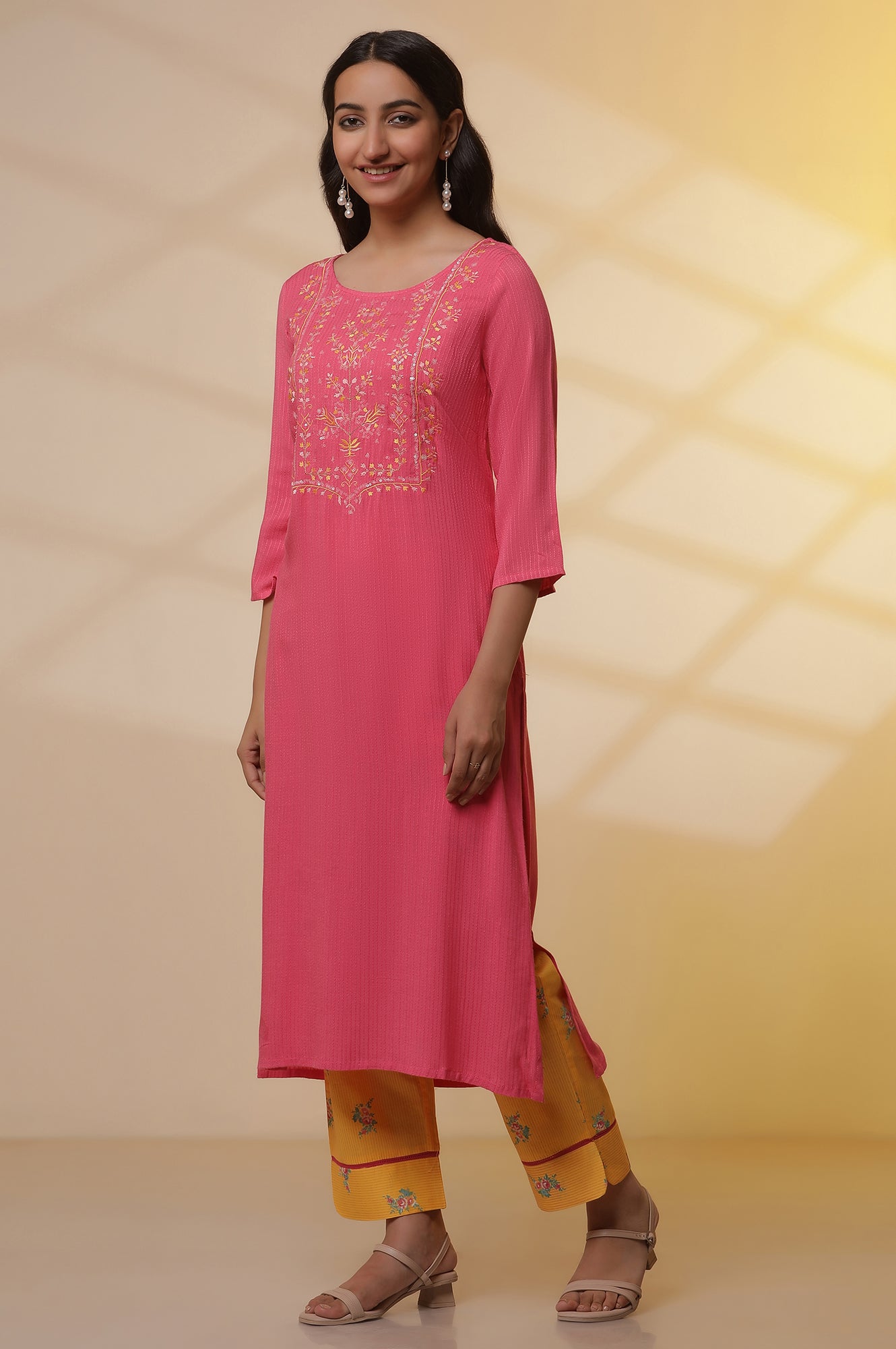 Pink Embroidered Textured Kurta, Printed Pants and Dupatta Set