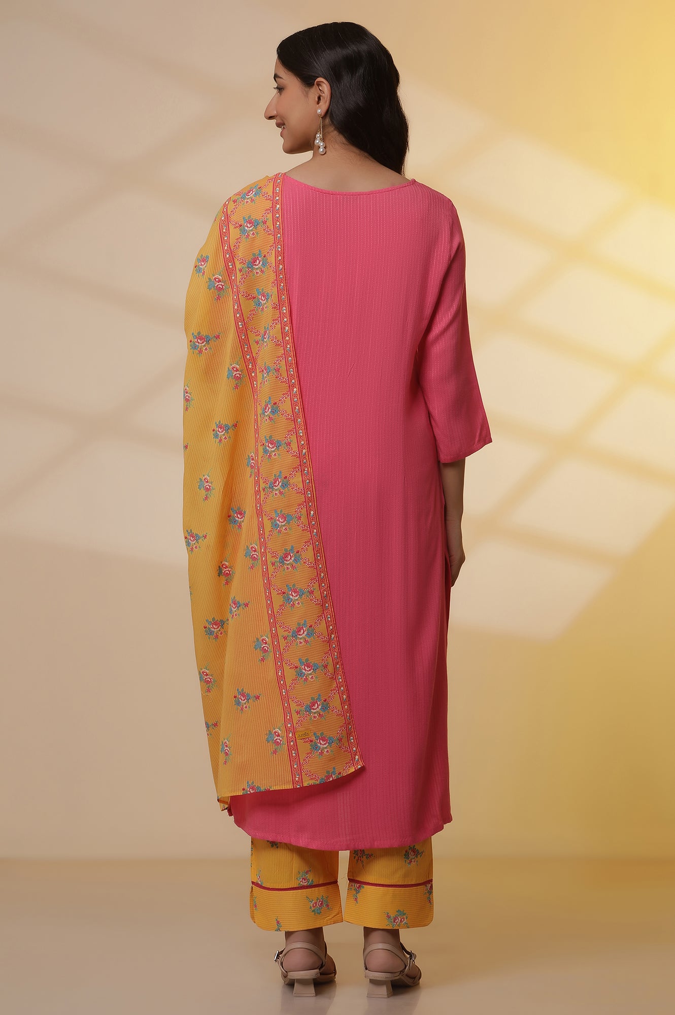 Pink Embroidered Textured Kurta, Printed Pants and Dupatta Set