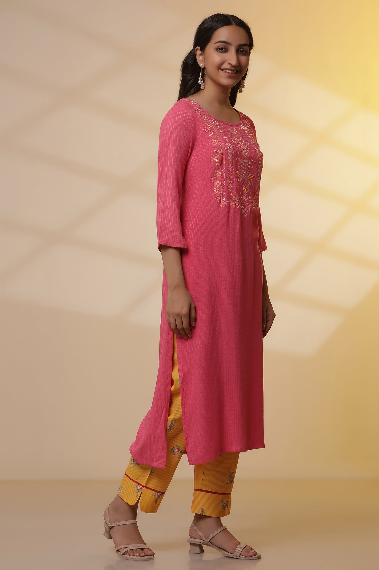 Pink Embroidered Textured Kurta, Printed Pants and Dupatta Set