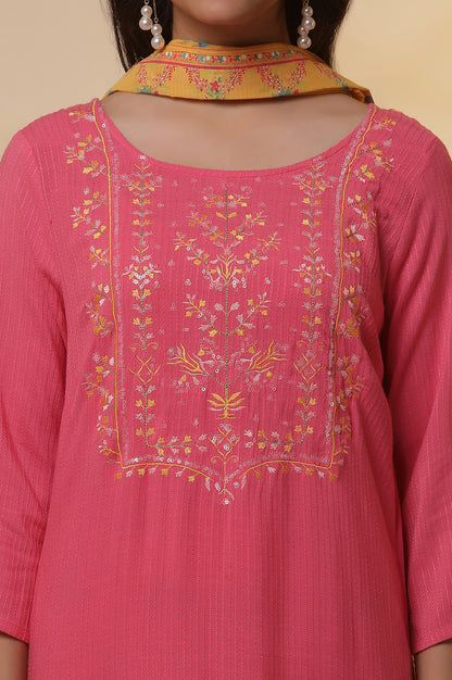 Pink Embroidered Textured Kurta, Printed Pants and Dupatta Set