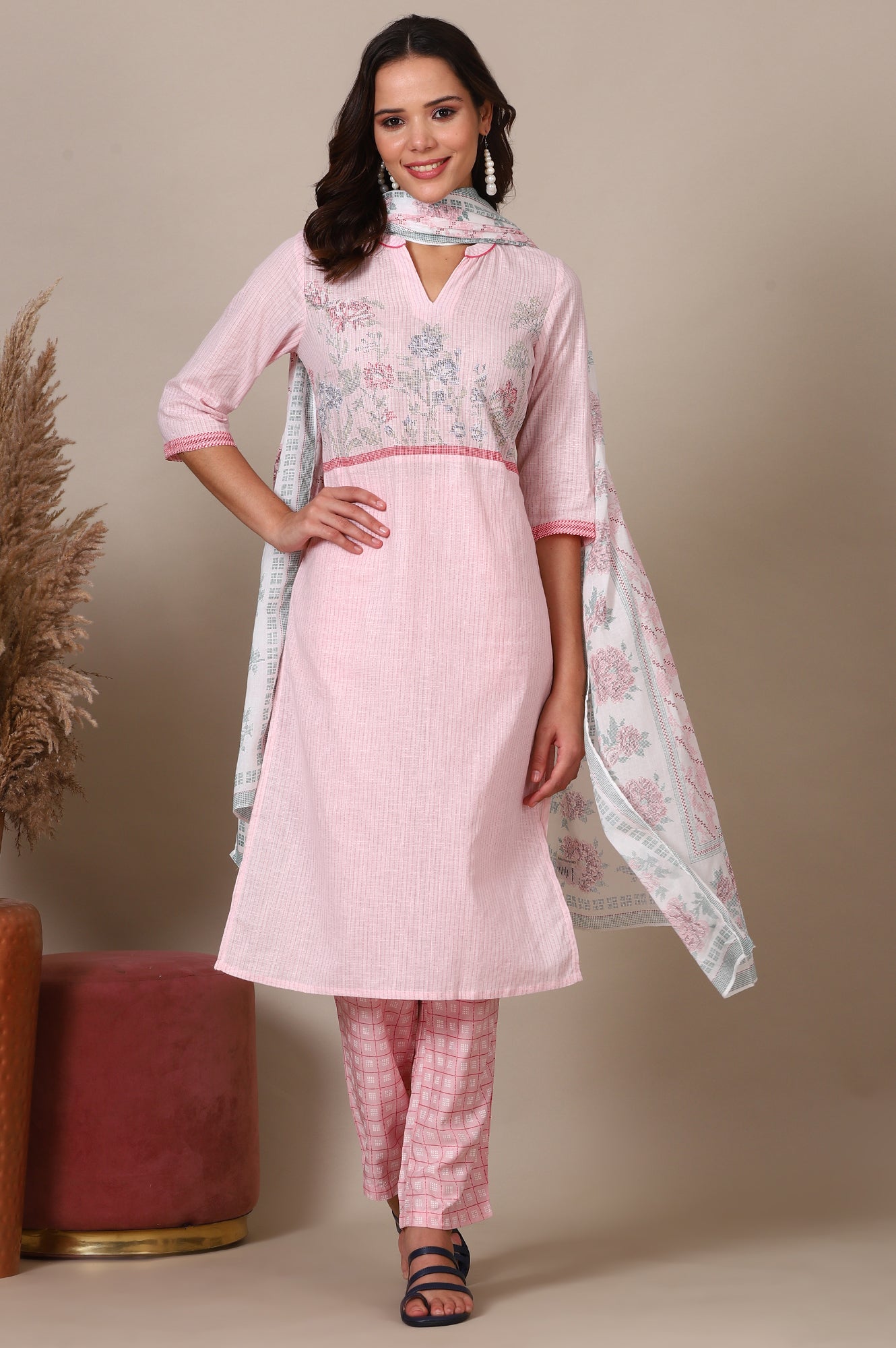 Pink Floral Printed Straight Kurta, Palazzo and Dupatta Set