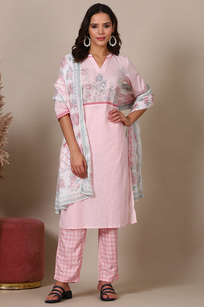 Pink Floral Printed Straight Kurta, Palazzo and Dupatta Set