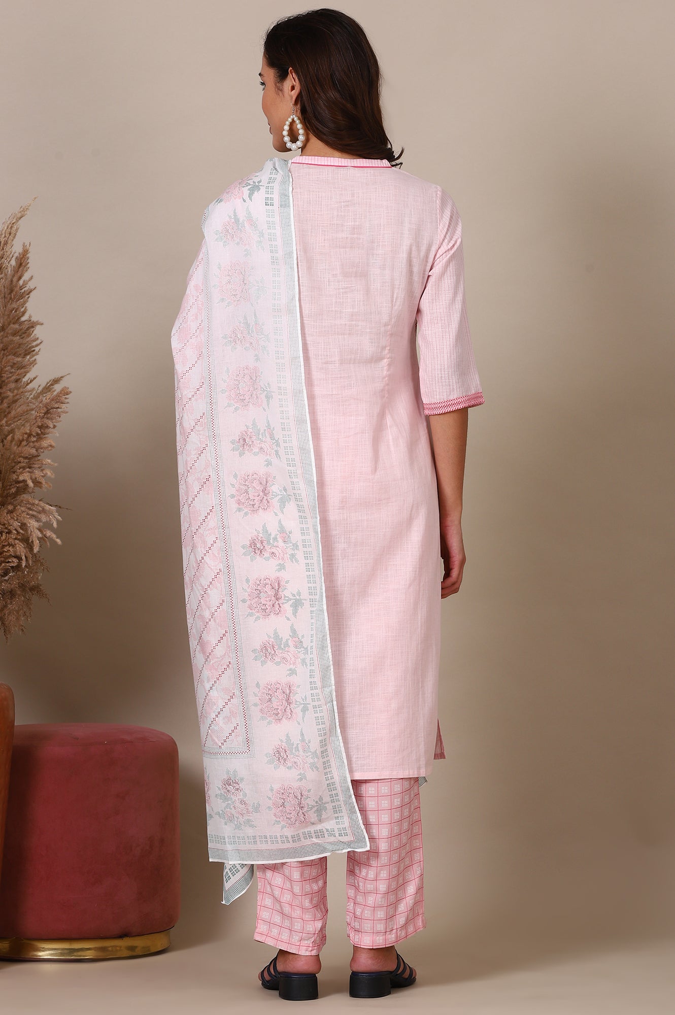 Pink Floral Printed Straight Kurta, Palazzo and Dupatta Set