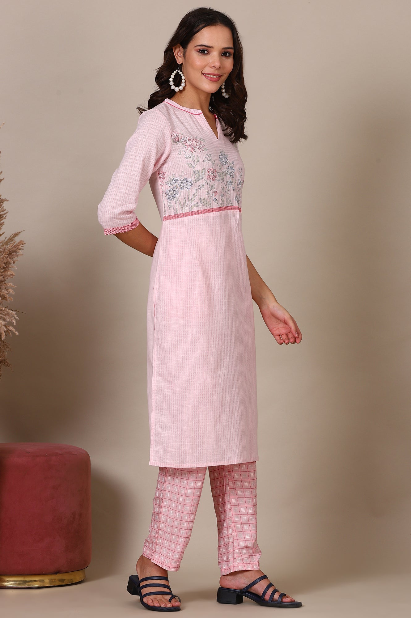 Pink Floral Printed Straight Kurta, Palazzo and Dupatta Set