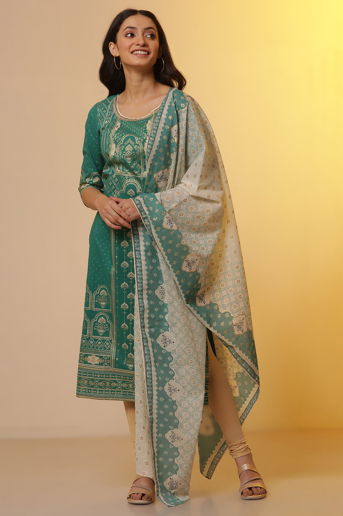 Green Foil Printed Kurta, Tights and Dupatta Set