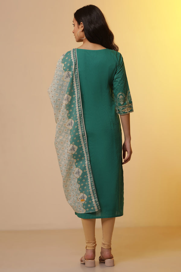 Green Foil Printed Kurta, Tights and Dupatta Set