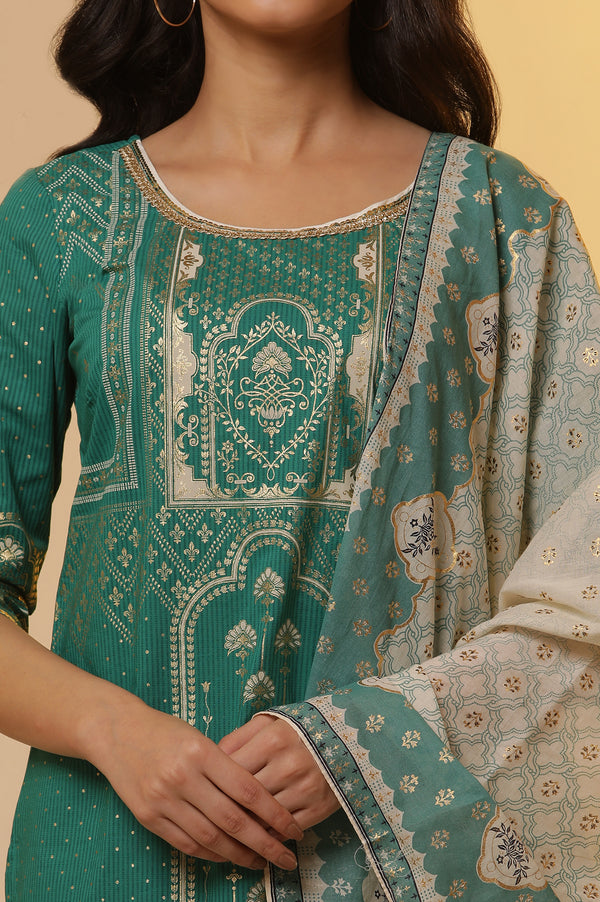 Green Foil Printed Kurta, Tights and Dupatta Set