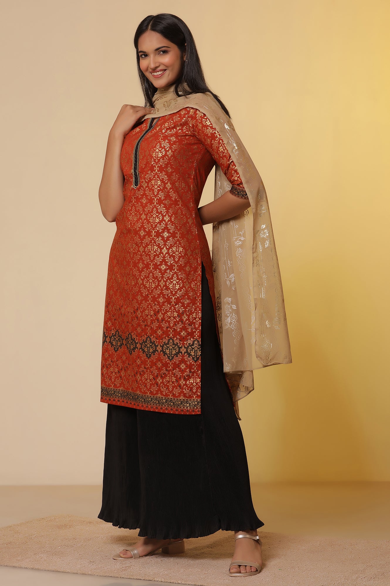 Orange-Foil-Printed-Festive-Kurta,-Pleated-Pants-with-Dupatta-Set