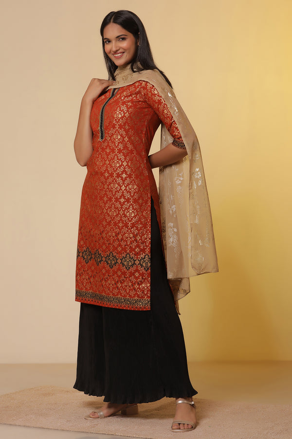 Orange Foil Printed Festive Kurta, Pleated Pants with Dupatta Set