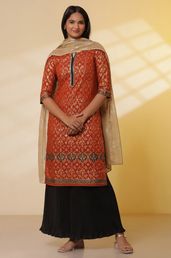 Orange Foil Printed Festive Kurta, Pleated Pants with Dupatta Set