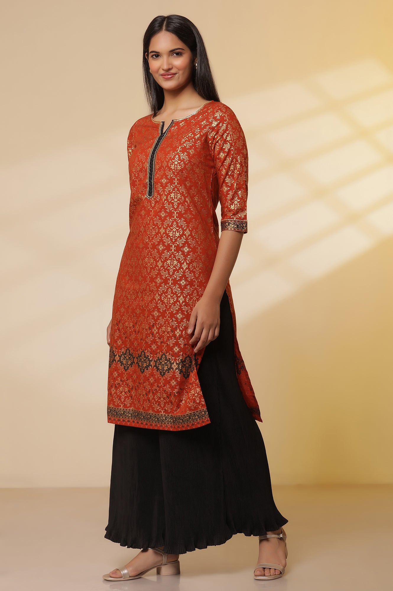 Orange-Foil-Printed-Festive-Kurta,-Pleated-Pants-with-Dupatta-Set