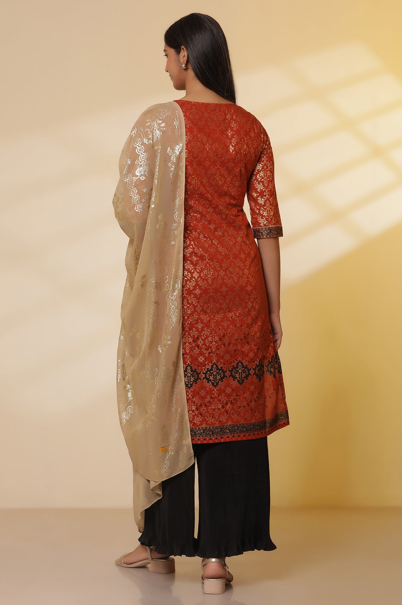 Orange-Foil-Printed-Festive-Kurta,-Pleated-Pants-with-Dupatta-Set