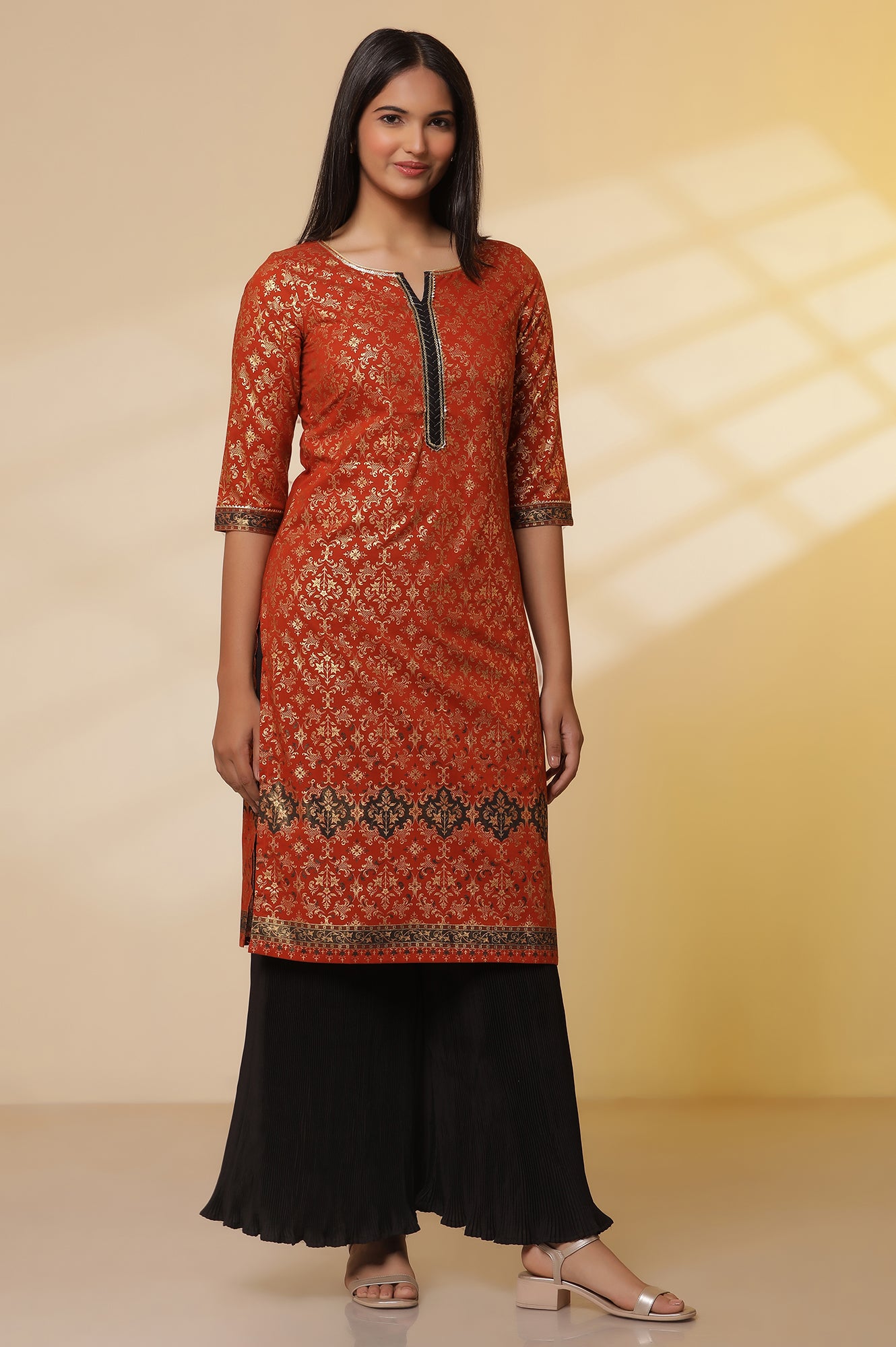 Orange-Foil-Printed-Festive-Kurta,-Pleated-Pants-with-Dupatta-Set