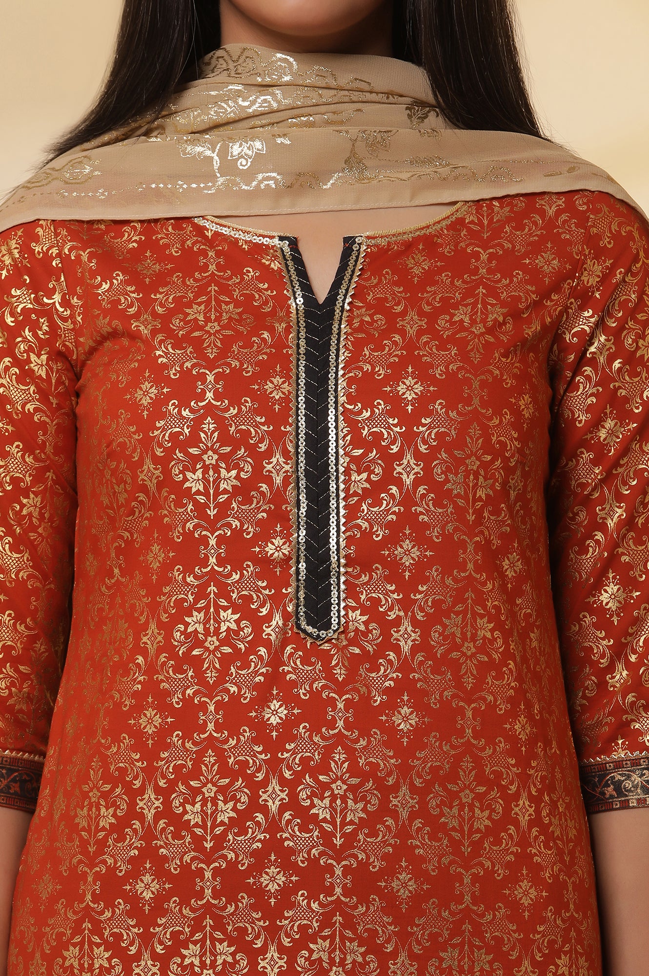 Orange-Foil-Printed-Festive-Kurta,-Pleated-Pants-with-Dupatta-Set