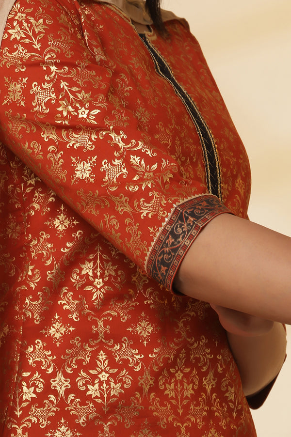 Orange Foil Printed Festive Kurta, Pleated Pants with Dupatta Set
