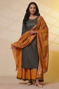 Green Printed Round Neck Kurta, Semi-Flared Palazzo and Dupatta Set