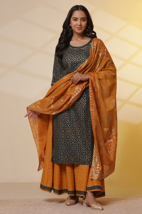 Green Printed Round Neck Kurta, Semi-Flared Palazzo and Dupatta Set