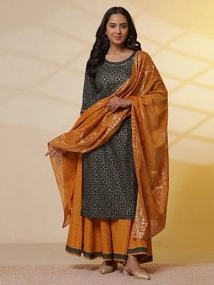 Green Printed Round Neck Kurta, Semi-Flared Palazzo and Dupatta Set