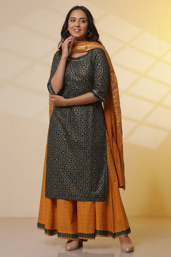 Green Printed Round Neck Kurta, Semi-Flared Palazzo and Dupatta Set