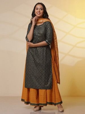 Green Printed Round Neck Kurta, Semi-Flared Palazzo and Dupatta Set