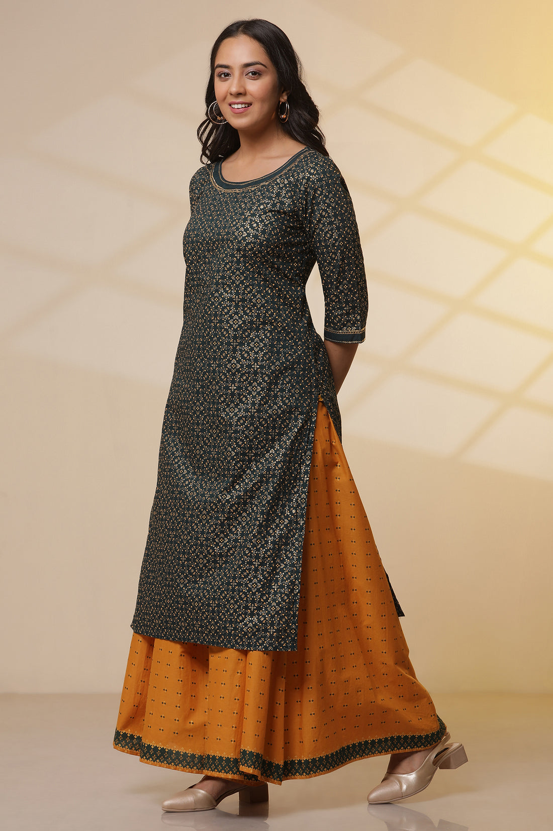 Green Printed Round Neck Kurta, Semi-Flared Palazzo and Dupatta Set