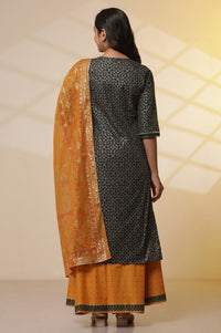 Green Printed Round Neck Kurta, Semi-Flared Palazzo and Dupatta Set
