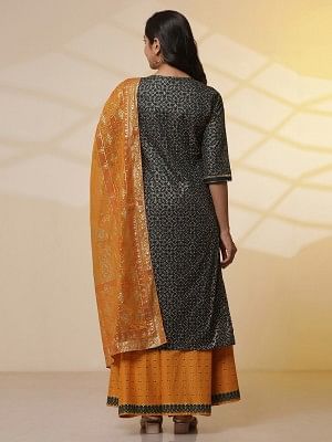 Green Printed Round Neck Kurta, Semi-Flared Palazzo and Dupatta Set