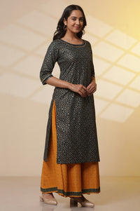 Green Printed Round Neck Kurta, Semi-Flared Palazzo and Dupatta Set